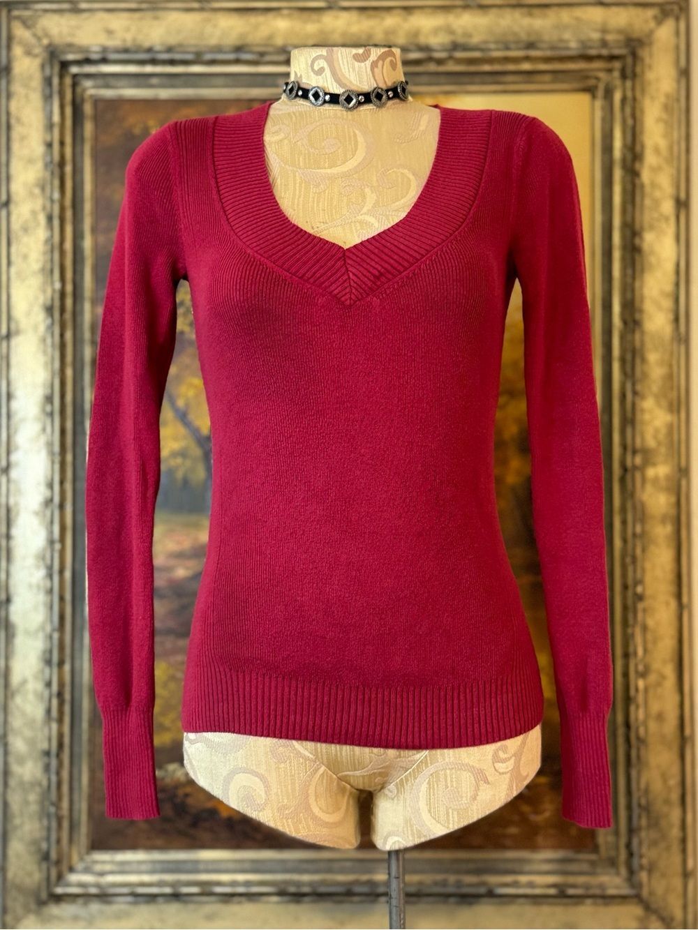 Vintage 2012 Express Women's Longline V-Neck Sweater in Deep Berry - 55% Cotton